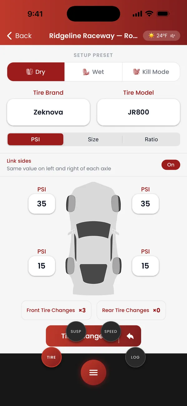 Spotter app — tire pressure setup