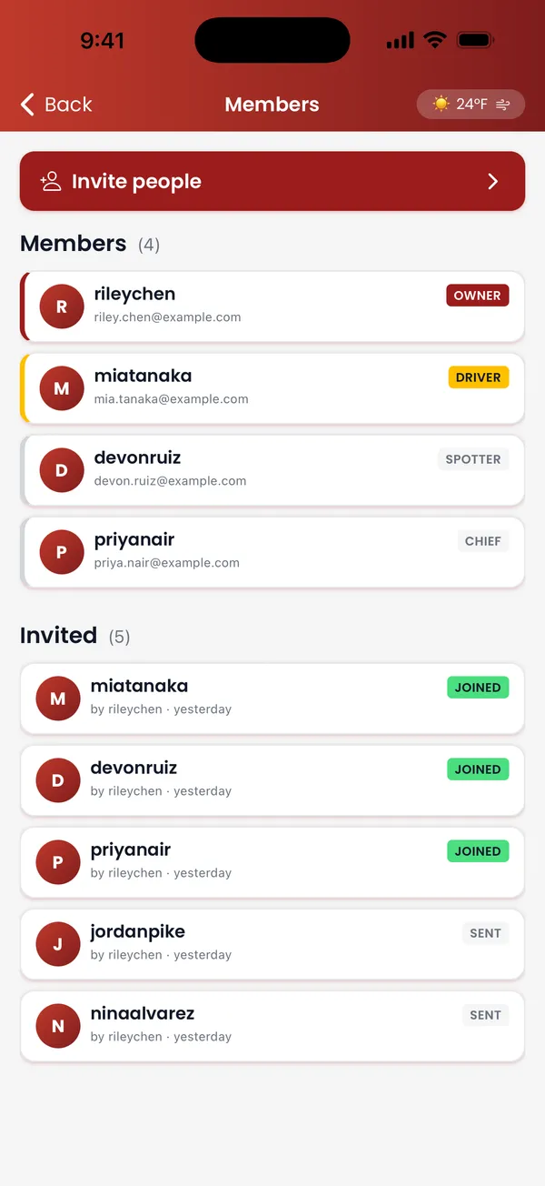 Spotter app — crew members and invites