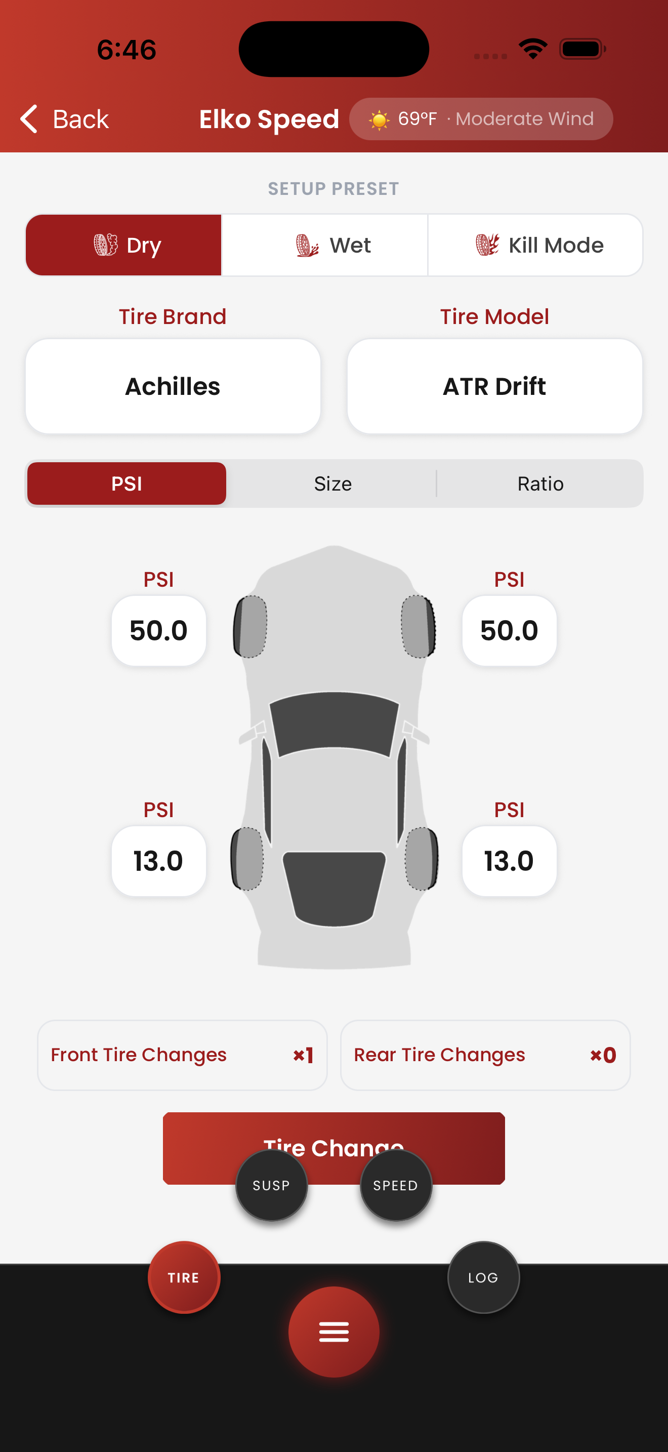 Spotter app — tire pressure setup